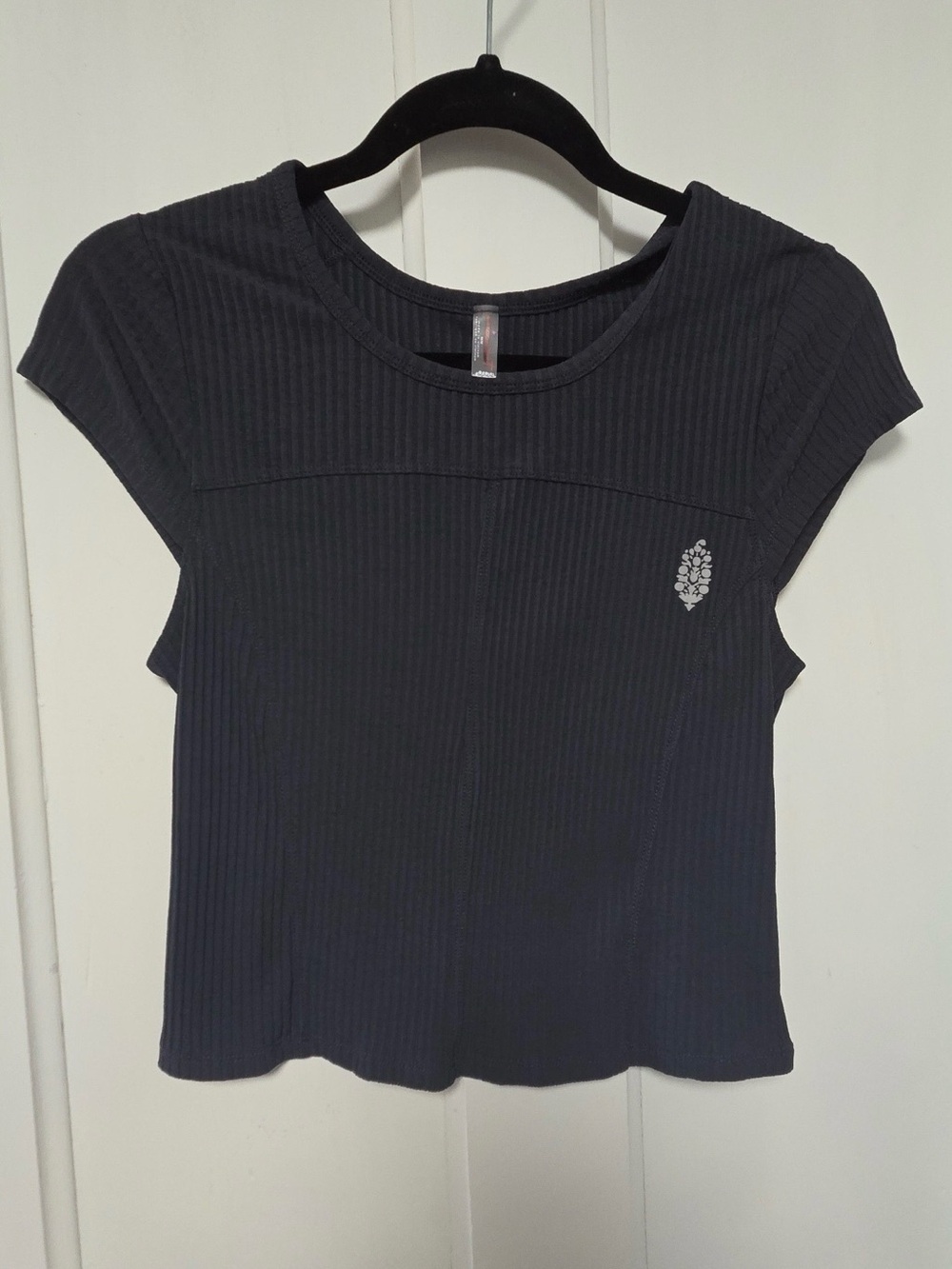 Free People Black Ribbed Cap-Sleeve Crop Top with Chest Emblem